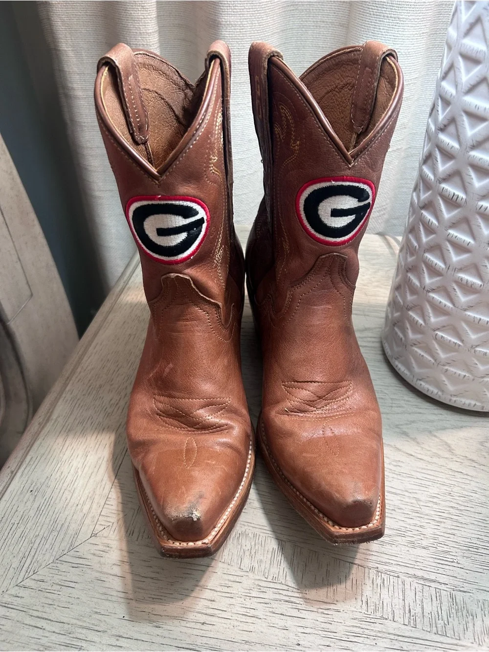 Brown Leather Western Ankle Boots with Team Patch